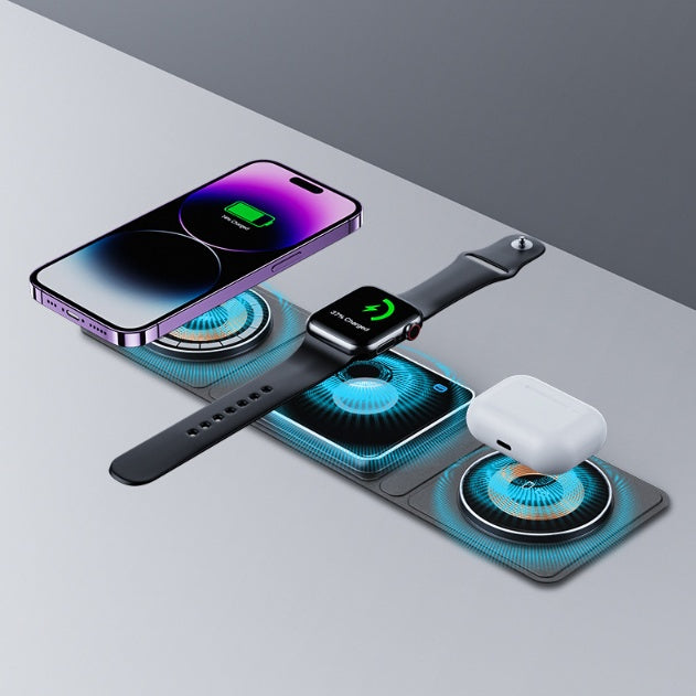 Glatino 3-in-1 Magnetic Folding Wireless Charger – Transparent Fast Charging Dock for iPhone, Apple Watch & AirPods